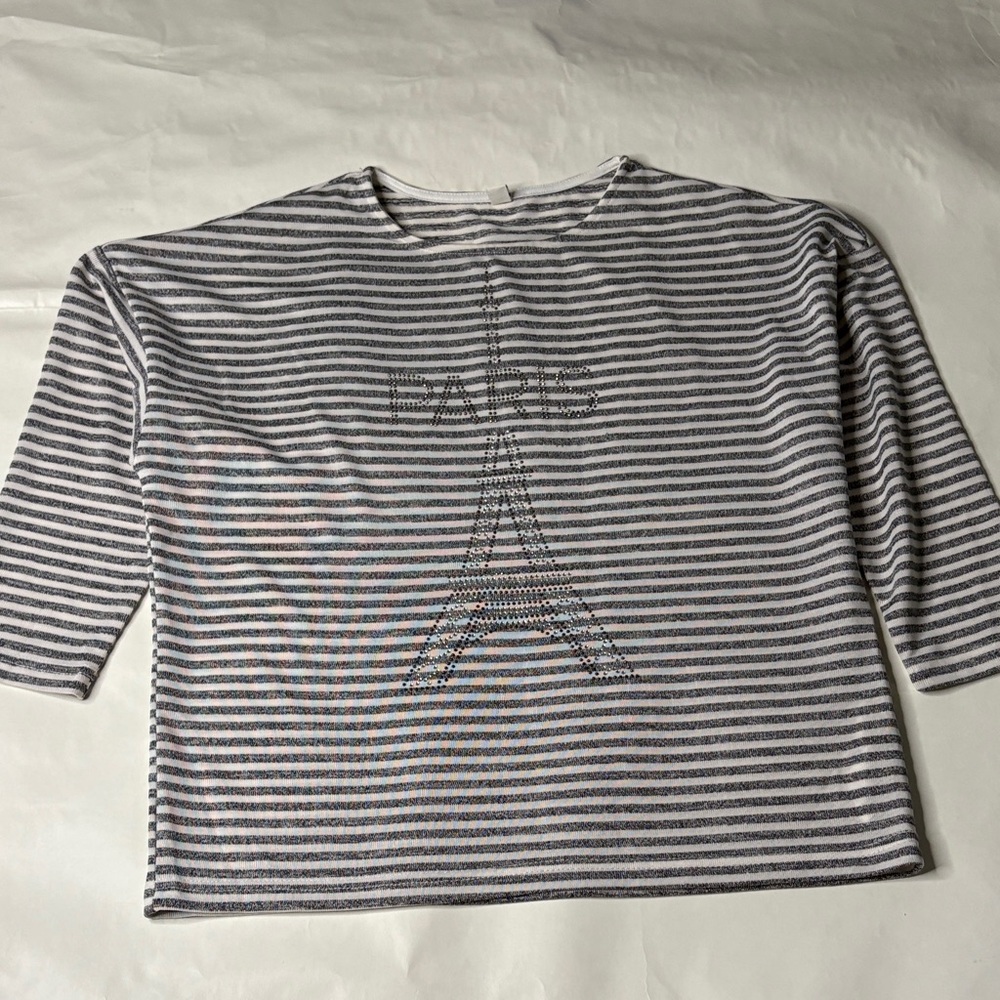 Zolla Paris Striped Rhinestone Sparkle  Eiffel Tower Top White & Grey M